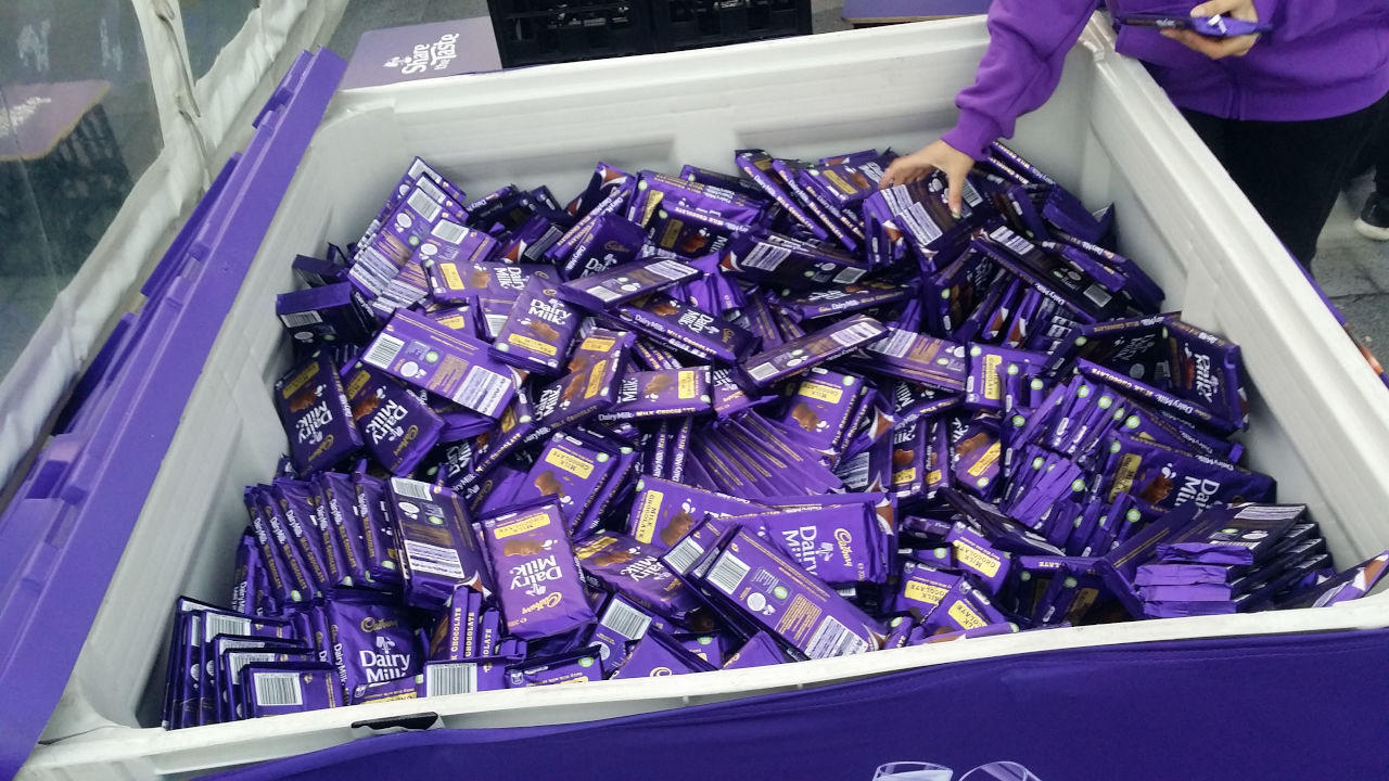 <p>This is one of 6 crates of chocolate that were given away on the day </p><p> There were 3 crates used in Federation Square, and 1 crate was used in each of the satellite cities, Sydney, Perth and Brisbane. All in all we gave away 6 tons of chocolate over the course of the activation.